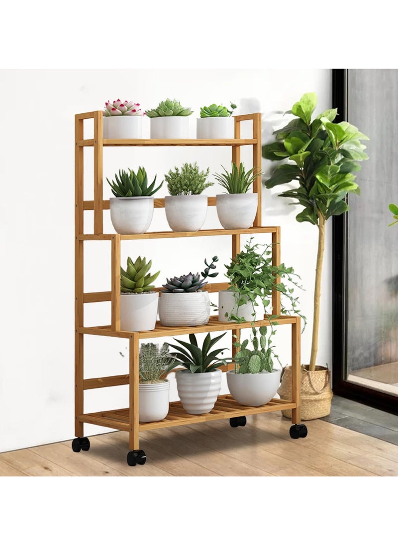 XiuWoo - 4-Layer Bamboo Plant Stand with Wheels,Indoor Outdoor Rolling Display Stand Plant Shelf,Corner Plant Holder for Flower Pot Display Rack for Living Room, Balcony, Patio, Garden - Image 1