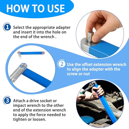 MoHern Offset Extension Wrench, Durable Chain Drive Wrench Set with High Hardness and Universal Compatibility, Includes 3 Colors Wrench Extender and 4 Sizes Adapters, Maximum torque 53 ft, 0° Swing Arg - Image 4