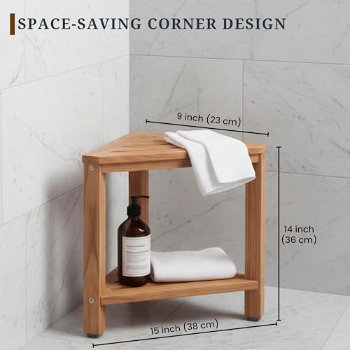 TEAKAURA Teak Corner Shower Stool 15in Wood Shower Bench Seat with Storage Shelf Waterproof Shower Foot Stool for Shaving Legs Ideal for Inside Shower or Bathroom - Image 3