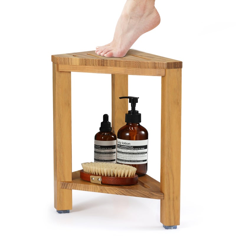 TEAKAURA Teak Corner Shower Stool 15in Wood Shower Bench Seat with Storage Shelf Waterproof Shower Foot Stool for Shaving Legs Ideal for Inside Shower or Bathroom - Image 2