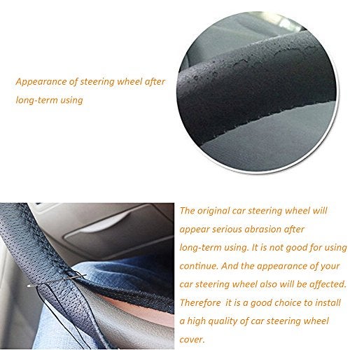 Onerbuy Universal Leather Car Steering Wheel Stitch On Wrap Cover DIY Sewing Breathable and Anti Slip, Maximum for 15-Inch Diameter Car Steering Wheel (Black) - Image 4
