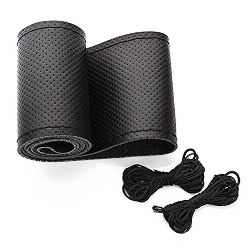 Onerbuy Universal Leather Car Steering Wheel Stitch On Wrap Cover DIY Sewing Breathable and Anti Slip, Maximum for 15-Inch Diameter Car Steering Wheel (Black) - Image 1