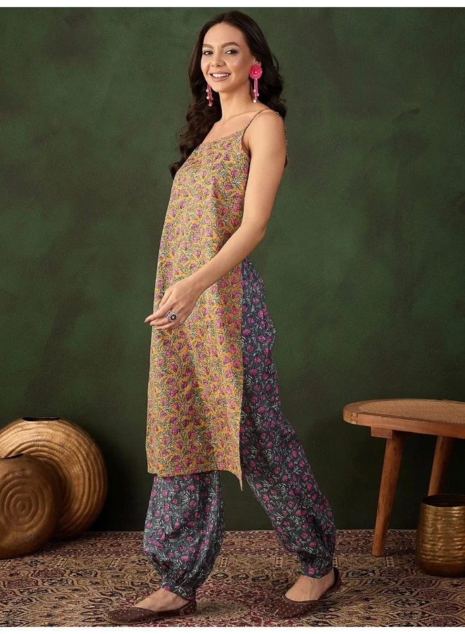 AKS Mustard And Grey Kurta Set With Funky Back Detail