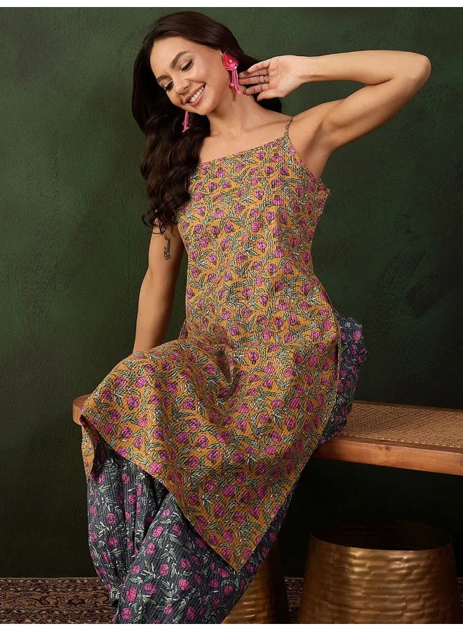 AKS Mustard And Grey Kurta Set With Funky Back Detail