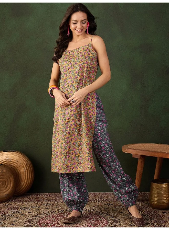 AKS Mustard And Grey Kurta Set With Funky Back Detail