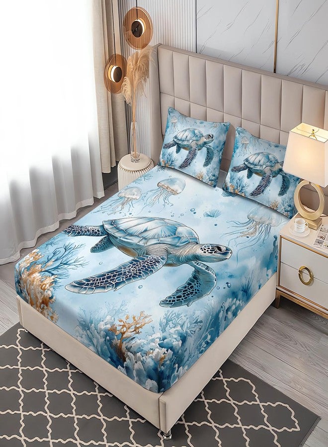UEVBF Blue Sea Turtle Bedding Sets Twin Size,Jellyfish Waterweed Pattern Fitted Sheet Set for Kids Boys Girls Room Decor,Ocean Themed Bedding Sets,1 Fitted Sheet+2 Pillowcases. - Image 2