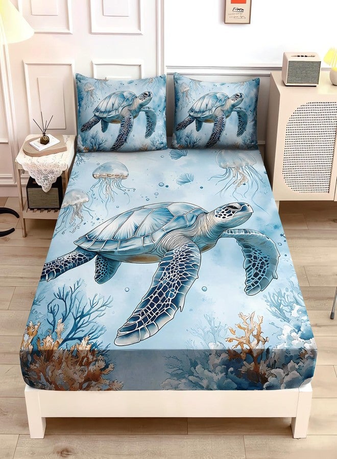 UEVBF Blue Sea Turtle Bedding Sets Twin Size,Jellyfish Waterweed Pattern Fitted Sheet Set for Kids Boys Girls Room Decor,Ocean Themed Bedding Sets,1 Fitted Sheet+2 Pillowcases. - Image 3