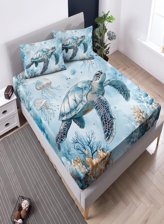 UEVBF Blue Sea Turtle Bedding Sets Twin Size,Jellyfish Waterweed Pattern Fitted Sheet Set for Kids Boys Girls Room Decor,Ocean Themed Bedding Sets,1 Fitted Sheet+2 Pillowcases. - Image 1