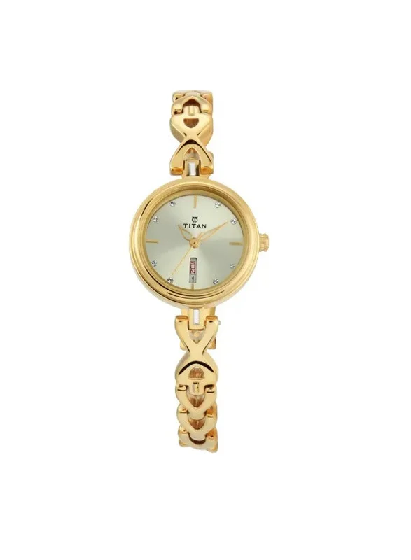 تيتان Titan Quartz Analog with Day and Date Watch for Women With Champagne Dial Golden Colour Metal Strap