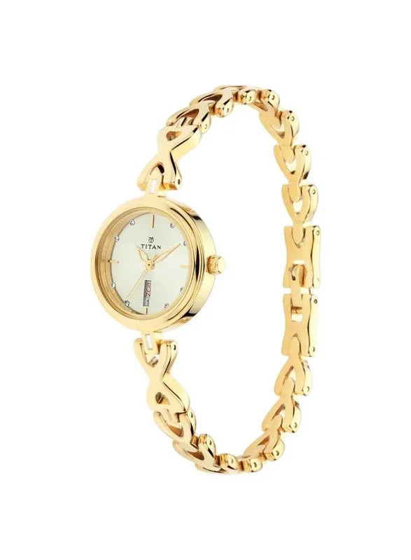 تيتان Titan Quartz Analog with Day and Date Watch for Women With Champagne Dial Golden Colour Metal Strap