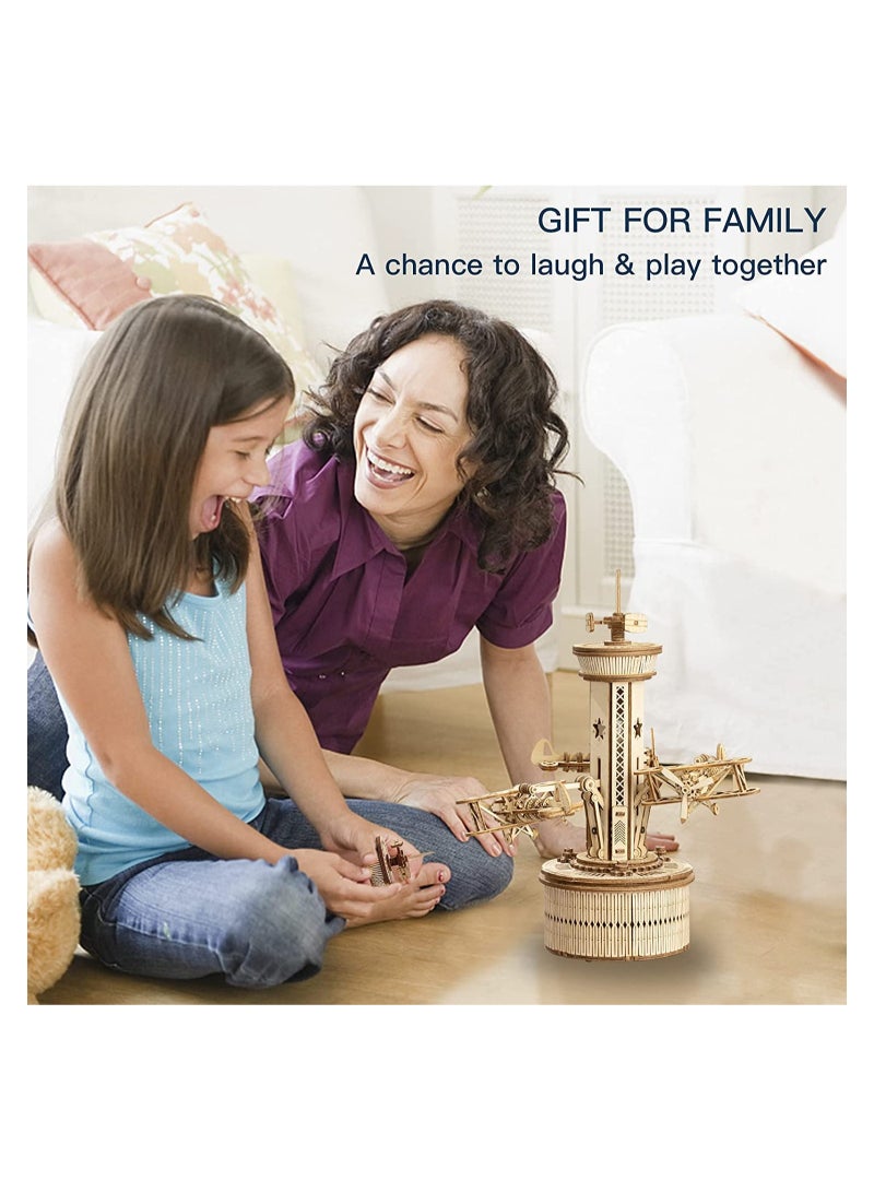صندوق موسيقي لبرج الطائرة الخشبي ثلاثي الأبعاد - مجموعة بناء ألعاب ميكانيكية ذات سطحين ذاتية الصنع 10 بوصات ، هدايا أنشطة عملية للأولاد / الفتيات / الآباء / الأسرة - Image 5