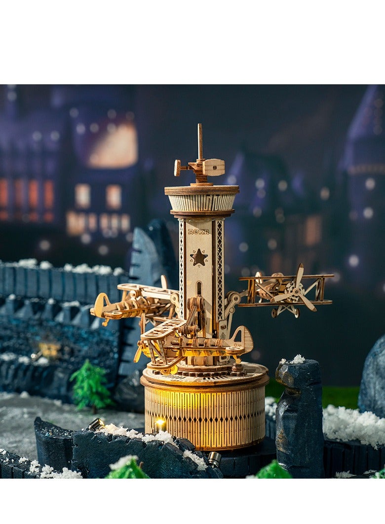 صندوق موسيقي لبرج الطائرة الخشبي ثلاثي الأبعاد - مجموعة بناء ألعاب ميكانيكية ذات سطحين ذاتية الصنع 10 بوصات ، هدايا أنشطة عملية للأولاد / الفتيات / الآباء / الأسرة - Image 2