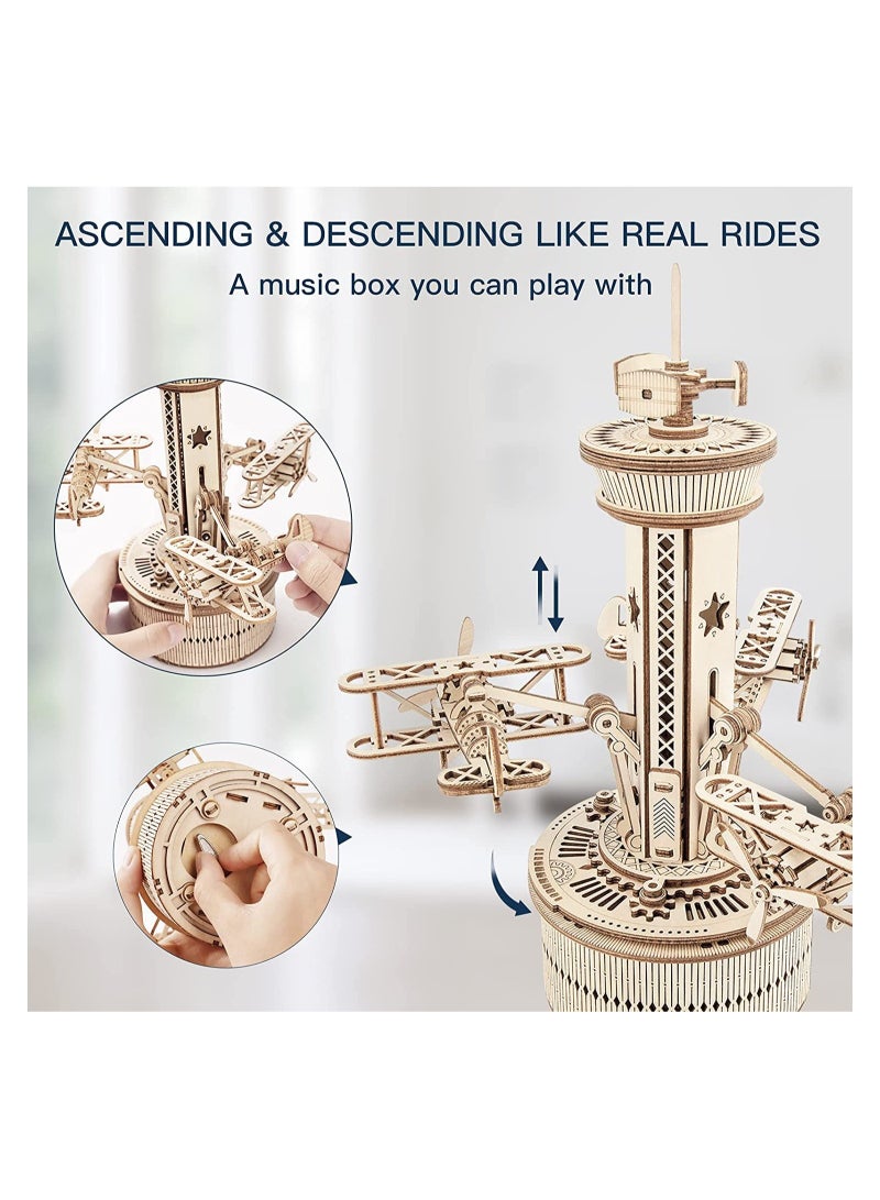 صندوق موسيقي لبرج الطائرة الخشبي ثلاثي الأبعاد - مجموعة بناء ألعاب ميكانيكية ذات سطحين ذاتية الصنع 10 بوصات ، هدايا أنشطة عملية للأولاد / الفتيات / الآباء / الأسرة - Image 3