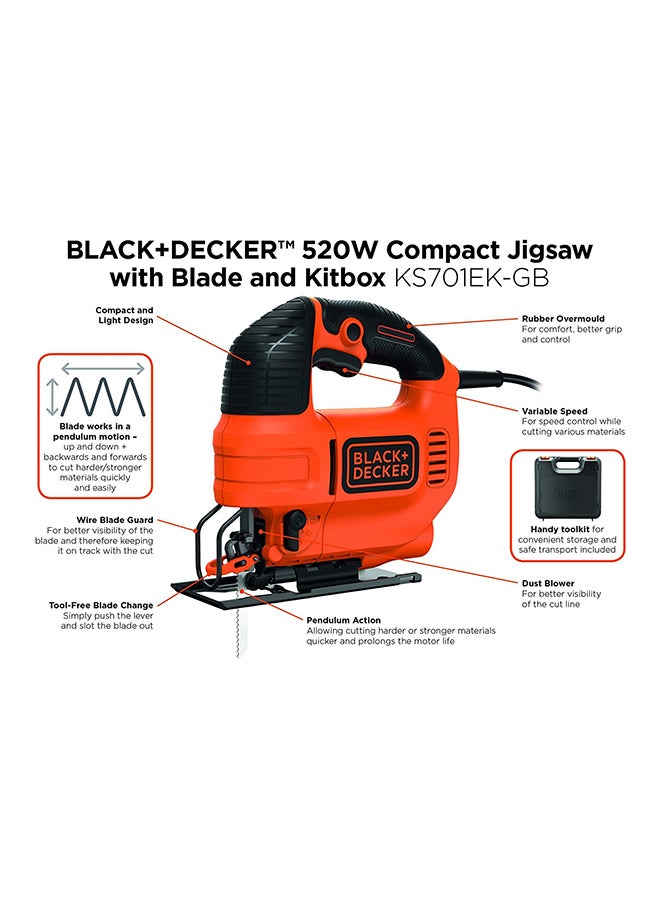 BLACK+DECKER Variable Speed Compact Jigsaw - Ks701Ek-Gb Orange/Black 1.64kg - Image 4