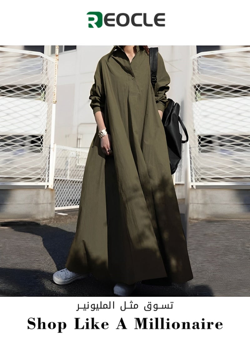 REOCLE Dress Autumn and Winter New Long Sleeve Large Hem Solid Color Cotton and Linen Retro Casual Loose Dress for Women  - Image 1