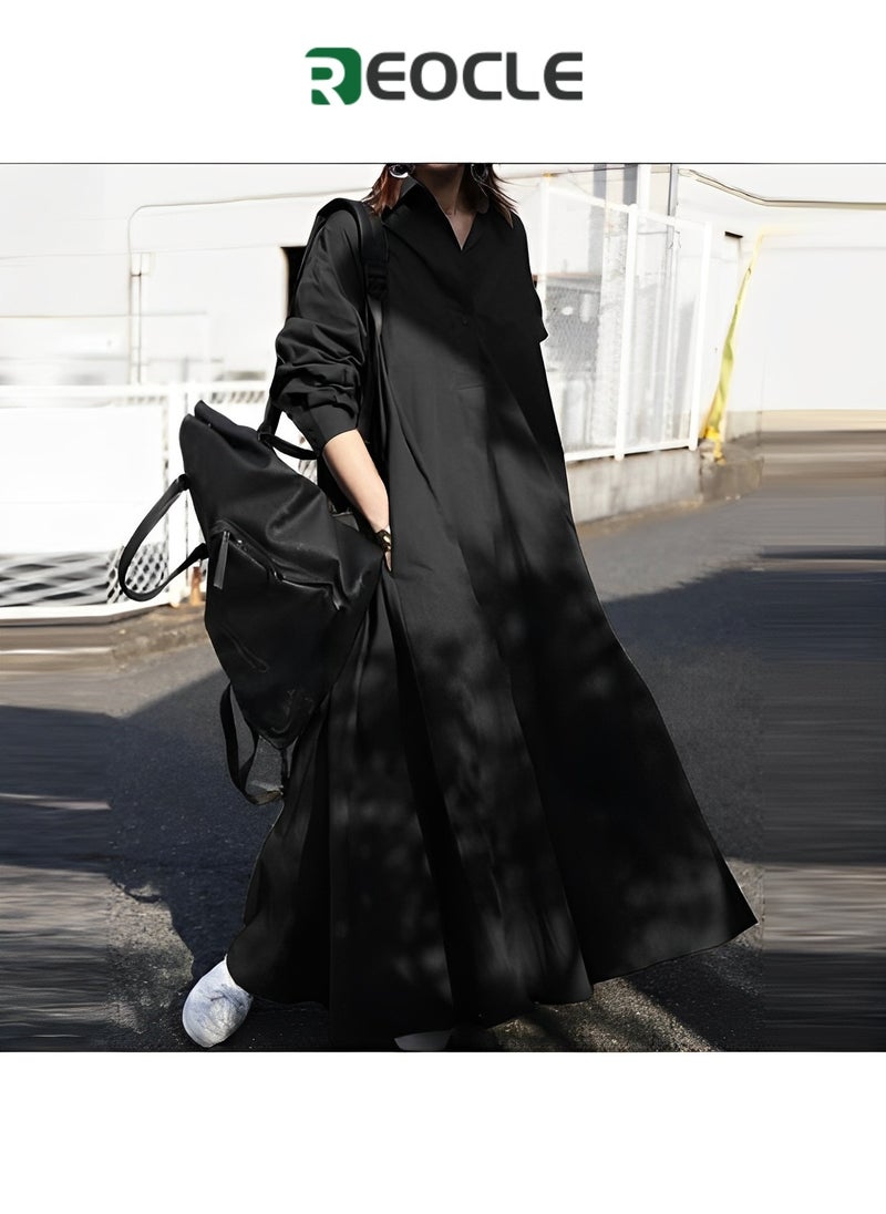 REOCLE Dress Autumn and Winter New Long Sleeve Large Hem Solid Color Cotton and Linen Retro Casual Loose Dress for Women  - Image 3