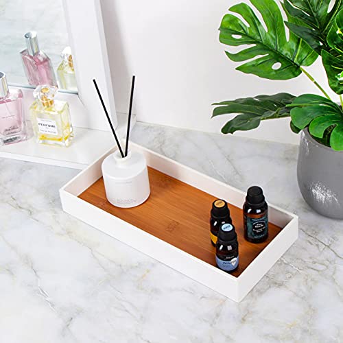 J JACKCUBE DESIGN Leather Bamboo Vanity Tray, Bathroom Organizer, Catch All Valet Tray for Women Perfume, Jewelry, Makeup, Candles, Key, Phone, Sunglasses (White)- MK205B - Image 2