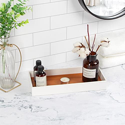 J JACKCUBE DESIGN Leather Bamboo Vanity Tray, Bathroom Organizer, Catch All Valet Tray for Women Perfume, Jewelry, Makeup, Candles, Key, Phone, Sunglasses (White)- MK205B - Image 3
