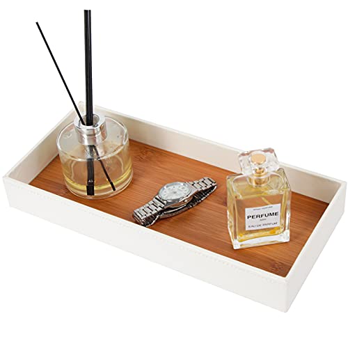 J JACKCUBE DESIGN Leather Bamboo Vanity Tray, Bathroom Organizer, Catch All Valet Tray for Women Perfume, Jewelry, Makeup, Candles, Key, Phone, Sunglasses (White)- MK205B - Image 1