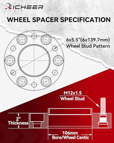 Richeer 6x5.5 Wheel Spacer for 1995-2024 Tacoma, 1989-2024 4Runner, 2'' 6x139.7mm Hubcentric Wheel Spacers with 12x1.5 Studs & 106mm for Tundra FJ Cruiser Sequoia GX470 GX460 - Image 3