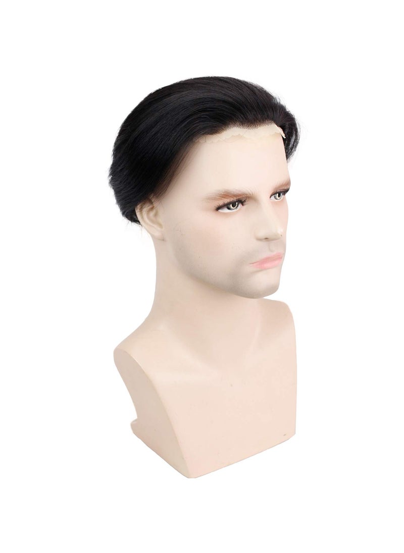 Voloria Men's Toupee 8inch Hairpieces 100% European Virgin Human Hair Replacement System Hair Topper Pieces for Men Swiss Lace Net with PU Base Size 4.33x6.69 inch Natural Black Color 