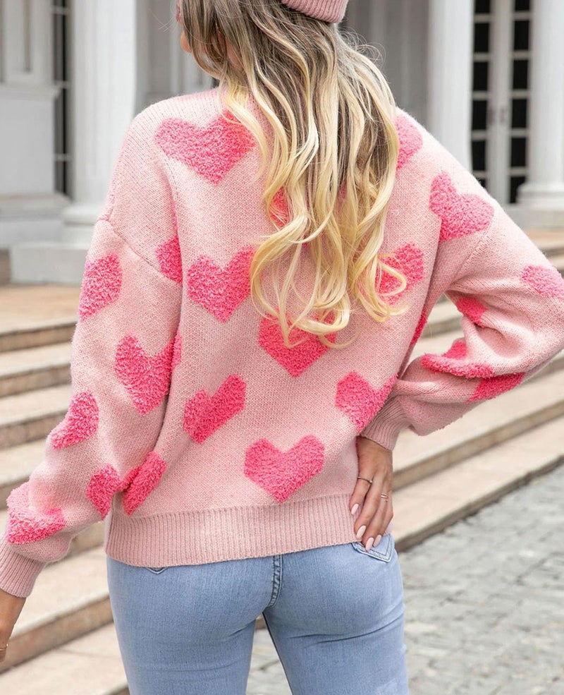 SELINK Women's Fuzzy Heart Sweater Crew Neck Pearl Drop Shoulder Casual Long Sleeve Valentines Sweaters Pullover Tops Pink Heart-L - Image 2