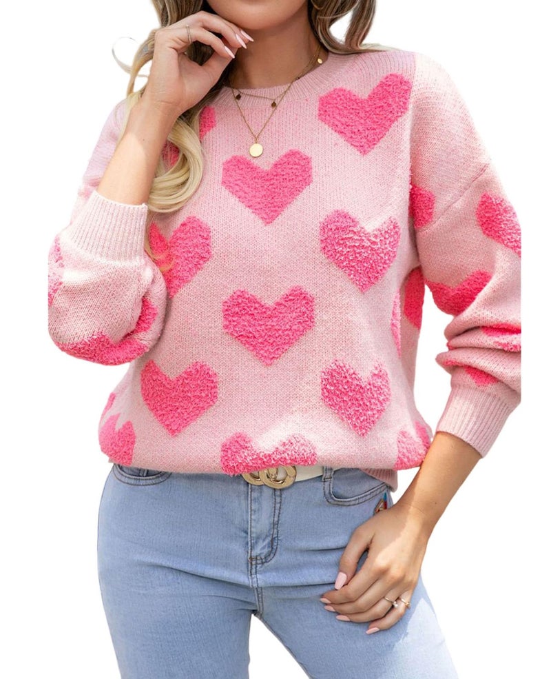 SELINK Women's Fuzzy Heart Sweater Crew Neck Pearl Drop Shoulder Casual Long Sleeve Valentines Sweaters Pullover Tops Pink Heart-L - Image 1