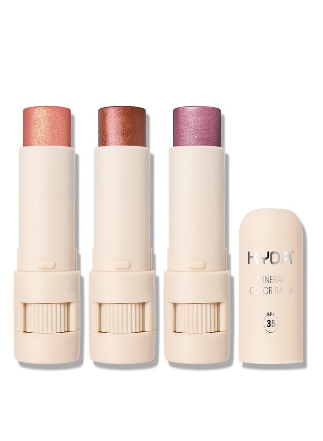 KYDA 3 Colors Mineral Color Balm, Buildable Shimmer Color for Lips and Cheeks, Broad spectrum SPF 35, Natural Shimmer Finish, Lightweight Blendable Creamy, Multiuse Blush Stick, Set B - Image 1