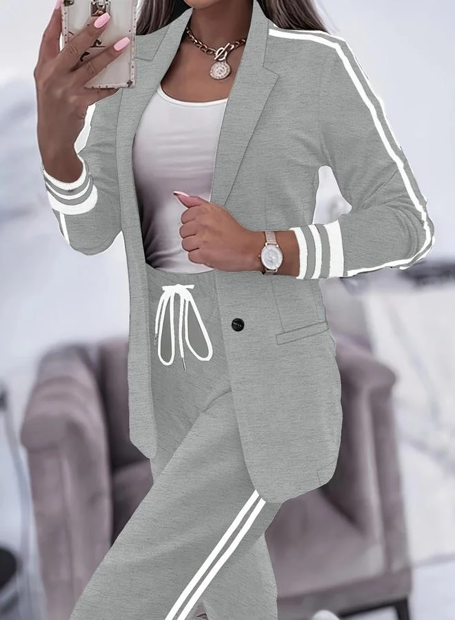 تايك تو بليزر نسائي مخطط مزدوج بأكمام طويلة