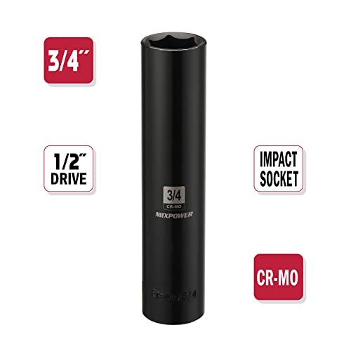 MIXPOWER 1/2" Dr. x 3/4-inch Extra Long Deep, 6 Point Impact Socket, Cr-Mo Alloy Steel, Radius Corner Design, Dual Size Markings, 5 inch Length - Image 2