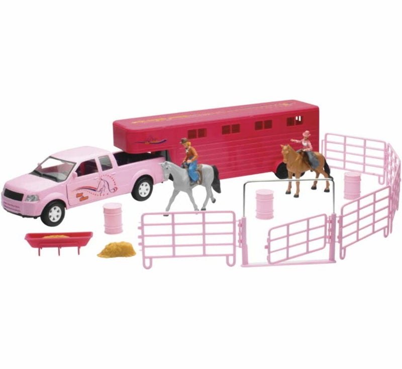 NewRay Valley Ranch Pink Pick Up Truck and Horse Trailer Playset - Image 1