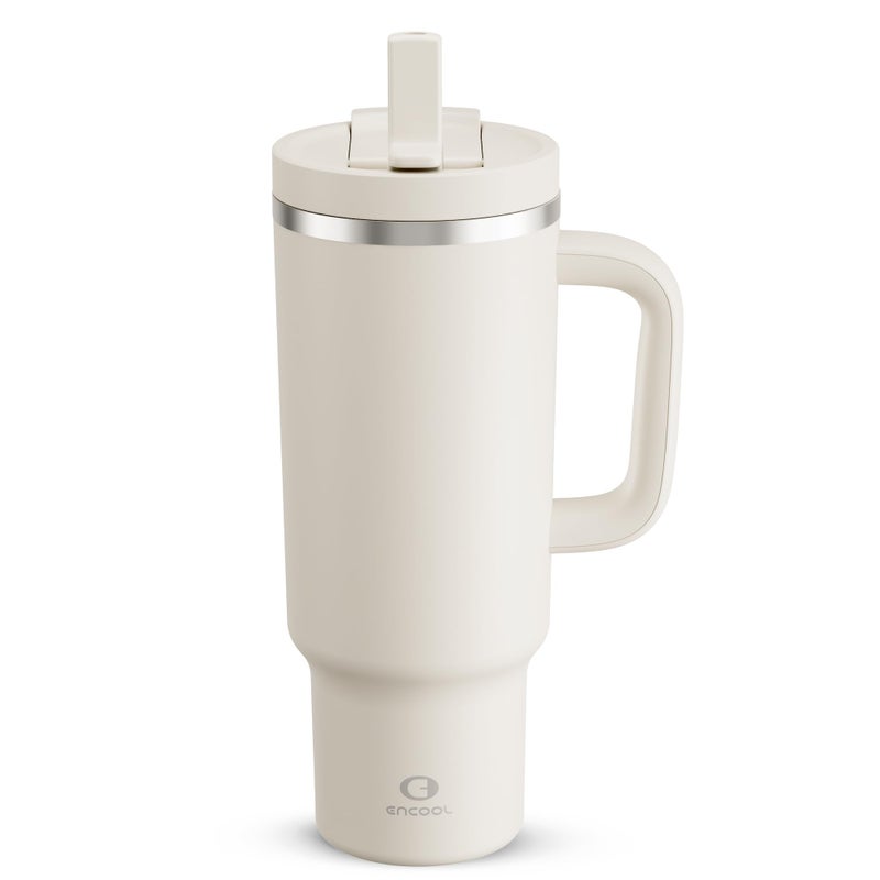 40 oz Tumbler with Handle and Straw Stainless Steel Insulated Tumbler Keeps Cold for 24 Hours Leakproof Travel Cup Fits in Cup Holder and BPAFree Cream Moon