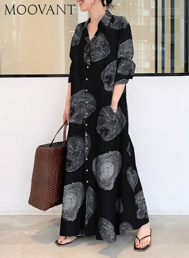 موفانت فستان نسائي فضفاض للمسلمات، ماكسي من القطن والكتان بطبعة، فستان قميص بأكمام طويلة كاجوال، بتصميم ياقة بولو، تصميم بسيط وأنيق ومظهر فضفاض احترافي - Image 1