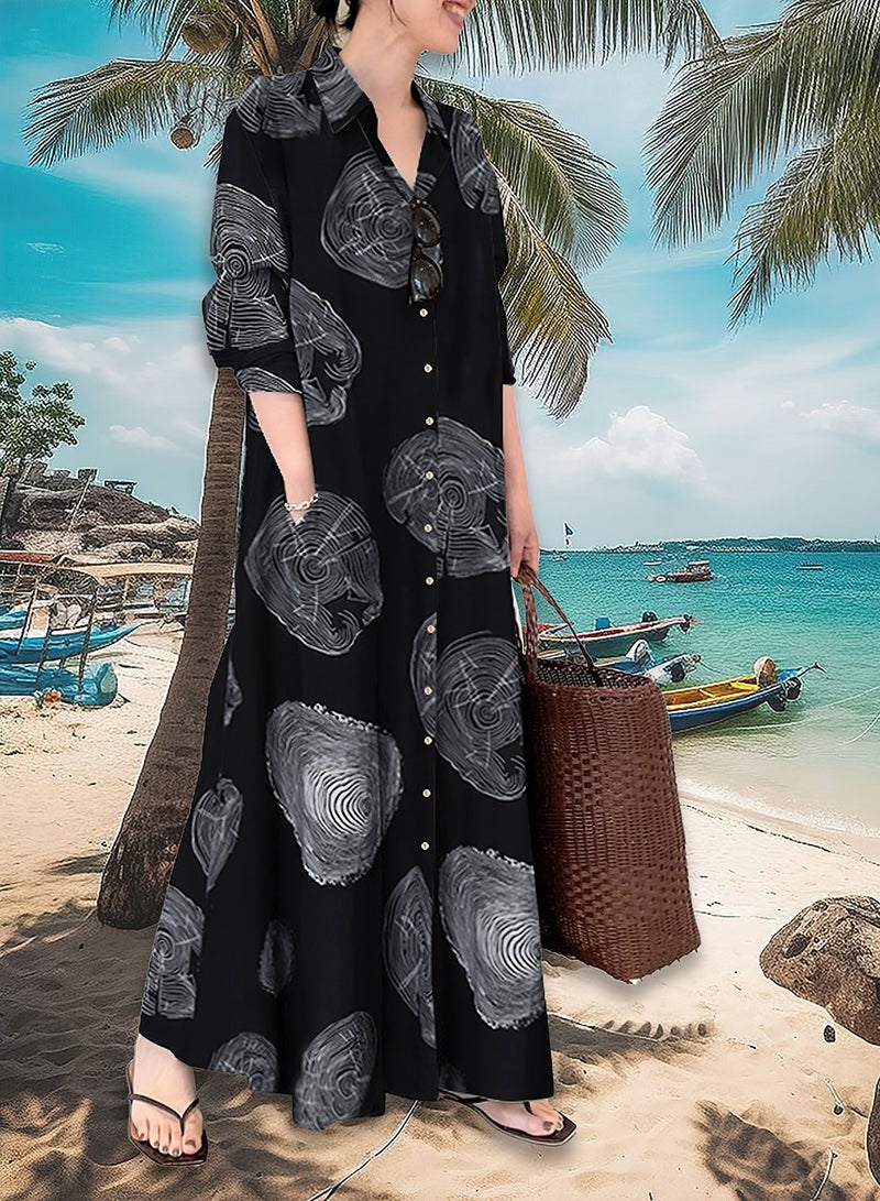 موفانت فستان نسائي فضفاض للمسلمات، ماكسي من القطن والكتان بطبعة، فستان قميص بأكمام طويلة كاجوال، بتصميم ياقة بولو، تصميم بسيط وأنيق ومظهر فضفاض احترافي - Image 3