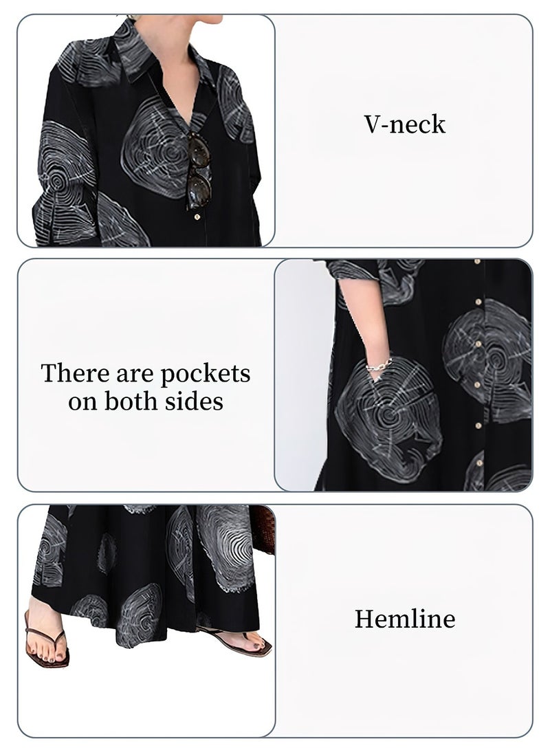 موفانت فستان نسائي فضفاض للمسلمات، ماكسي من القطن والكتان بطبعة، فستان قميص بأكمام طويلة كاجوال، بتصميم ياقة بولو، تصميم بسيط وأنيق ومظهر فضفاض احترافي - Image 4