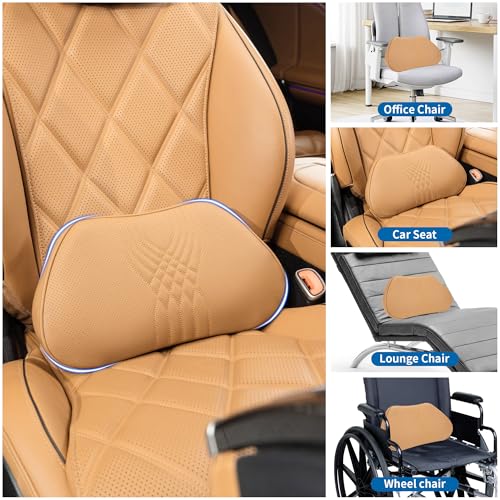 Dapucarin Lumbar Support Pillow for Car Seat, Office Chair Nappa Leather Memory Foam Lower Back Cushion for Back Pain Relief Improve Posture, Ergonomic Back Rest for Gaming Chair, Palomino, 1PC - Image 3