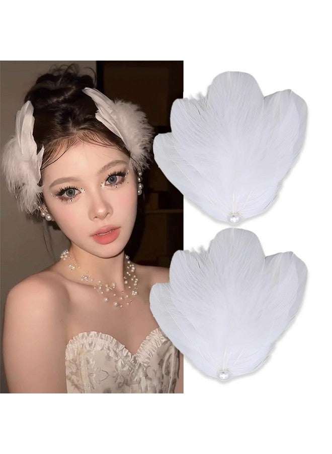 HANSAMU White Feather Hair Clip Ballet Style Pearl Ostrich White Swan Feather Hair Pins Accessories For Women Girls Bride Wedding Valentine Engagement Birthday Christmas Stage Performance Headpiece（2 Pcs) - Image 1