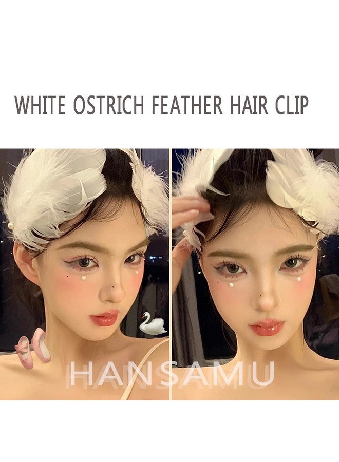 HANSAMU White Feather Hair Clip Ballet Style Pearl Ostrich White Swan Feather Hair Pins Accessories For Women Girls Bride Wedding Valentine Engagement Birthday Christmas Stage Performance Headpiece（2 Pcs) - Image 4