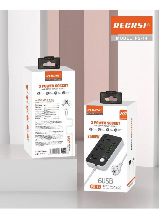 ريكرسي وصلة طاقة شحن سريع مع منفذ USB 2500 وات، 3 مقابس طاقة و6 منافذ USB تلقائية بحد أقصى 3.4 أمبير PS-14 للمنزل والمطبخ والمكتب  - Image 2