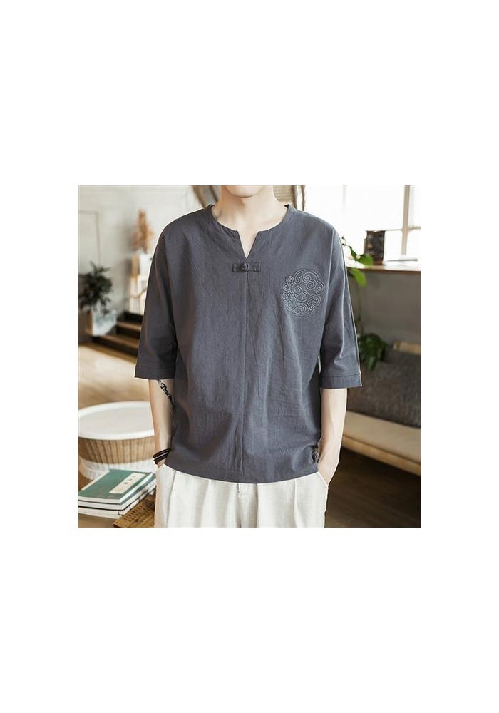 Chinese Style T-shirt Men's Short-sleeved Half-sleeve Summer Men's Loose T-shirt Cotton and Linen Material Hanfu Embroidered Linen Half-sleeve Trendy - Image 1