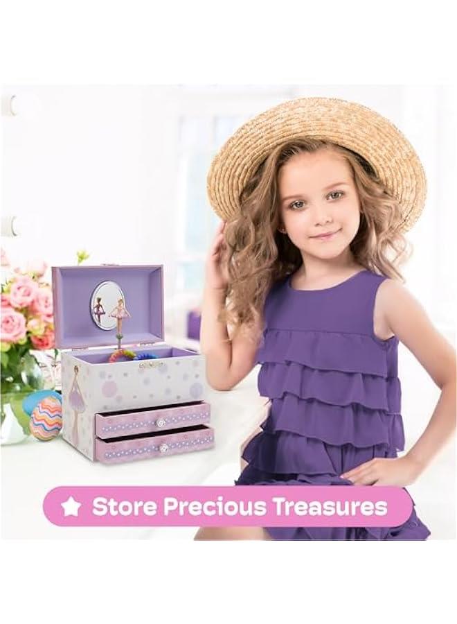 Arabest Jewelry Box for Girls with Ballerina and Music Box - Dual Drawers and Spacious Storage - Swan Lake Tune - White and Purple Jewelry Keepsake Chest - 6 x 6.75 x 5.25 Inches - Image 2