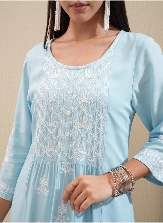 Vishudh Floral Embroidered Thread Work Straight Kurta & Palazzos Set by Styli  - Image 5