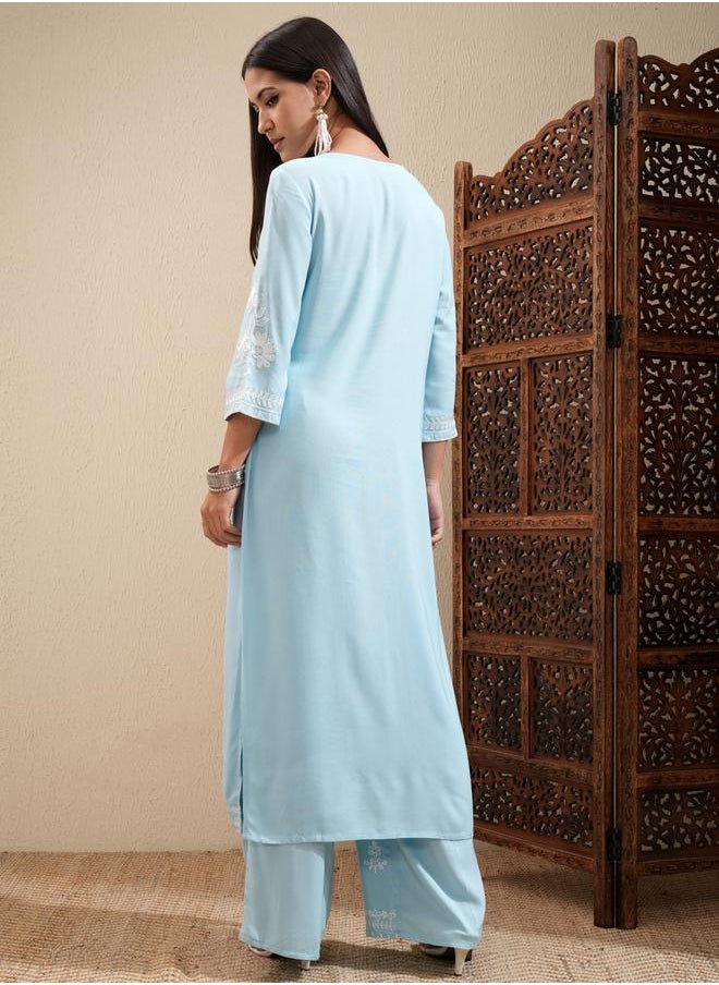 Vishudh Floral Embroidered Thread Work Straight Kurta & Palazzos Set by Styli  - Image 3