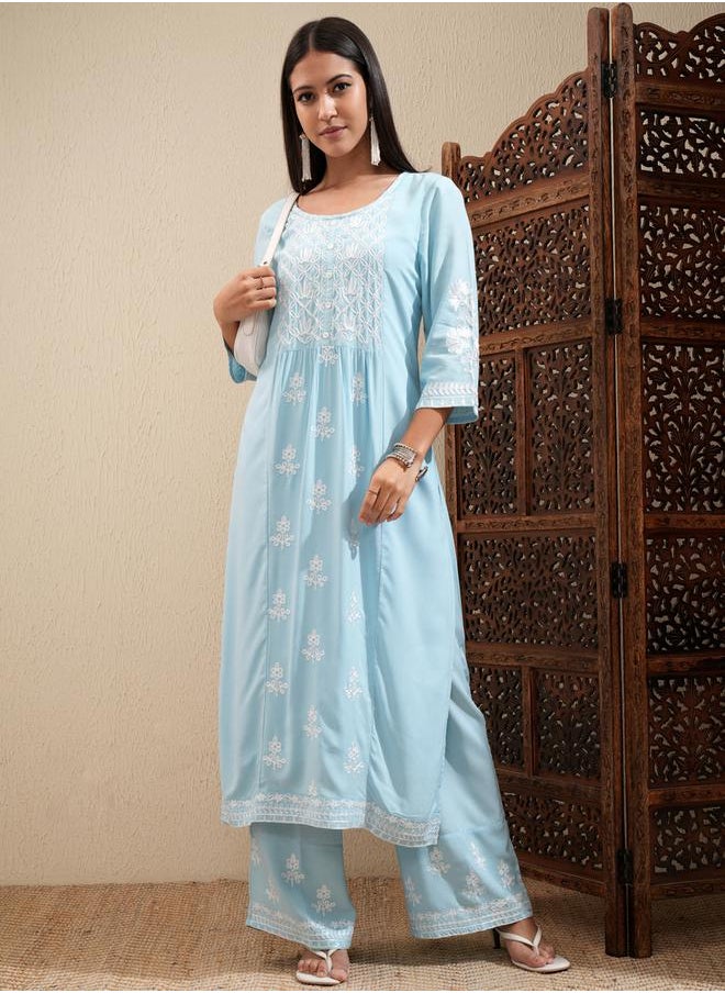 Vishudh Floral Embroidered Thread Work Straight Kurta & Palazzos Set by Styli  - Image 2