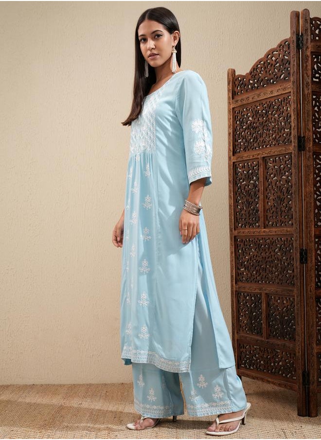 Vishudh Floral Embroidered Thread Work Straight Kurta & Palazzos Set by Styli  - Image 4