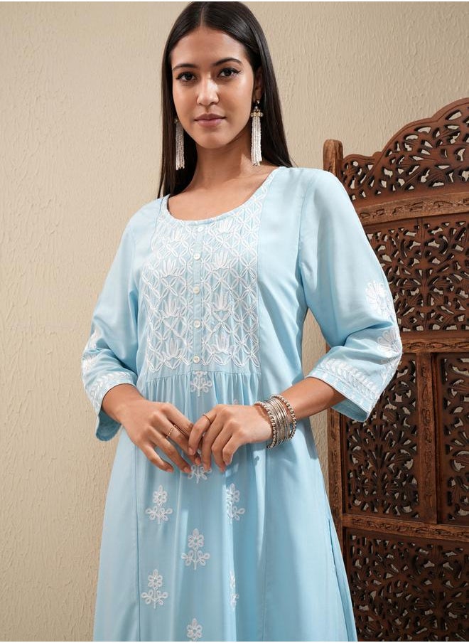 Vishudh Floral Embroidered Thread Work Straight Kurta & Palazzos Set by Styli  - Image 1