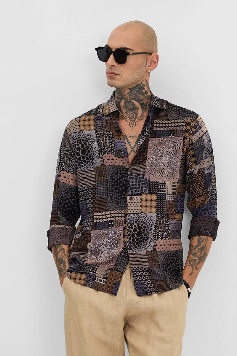 SNITCH Black Abstract Slim Fit Shirt