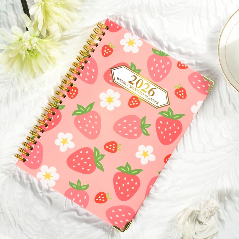 Knagsfa 2026 Planner, Jan.2026 - Dec.2026 Planner Weekly and Monthly 6.25"x8.5" with with Page Tabs, Calendar Hardcover with Inner Pocket, Elastic Band, Twin-Wire Binding, Bookmark, Strawberry Flower - Image 2