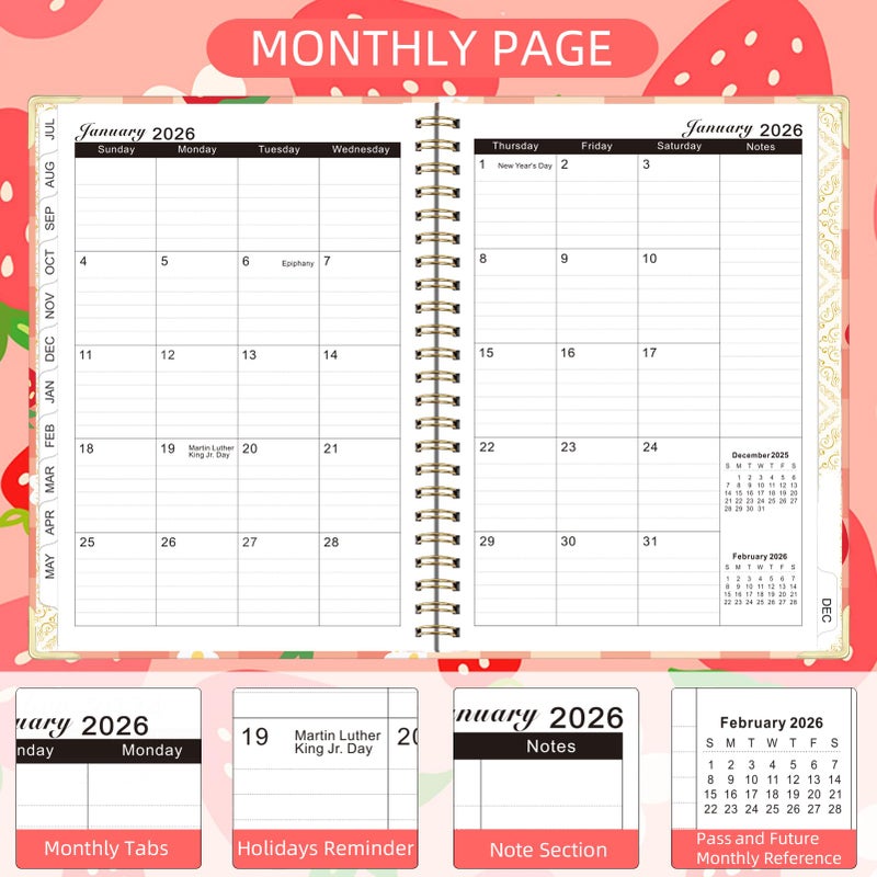 Knagsfa 2026 Planner, Jan.2026 - Dec.2026 Planner Weekly and Monthly 6.25"x8.5" with with Page Tabs, Calendar Hardcover with Inner Pocket, Elastic Band, Twin-Wire Binding, Bookmark, Strawberry Flower - Image 3