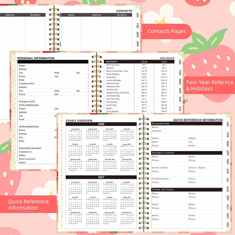 Knagsfa 2026 Planner, Jan.2026 - Dec.2026 Planner Weekly and Monthly 6.25"x8.5" with with Page Tabs, Calendar Hardcover with Inner Pocket, Elastic Band, Twin-Wire Binding, Bookmark, Strawberry Flower - Image 5